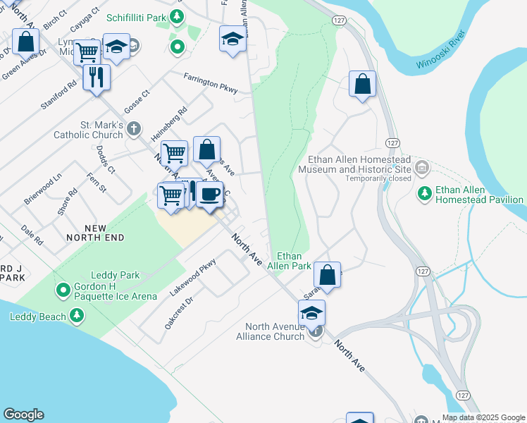 map of restaurants, bars, coffee shops, grocery stores, and more near 1006 North Avenue in Burlington