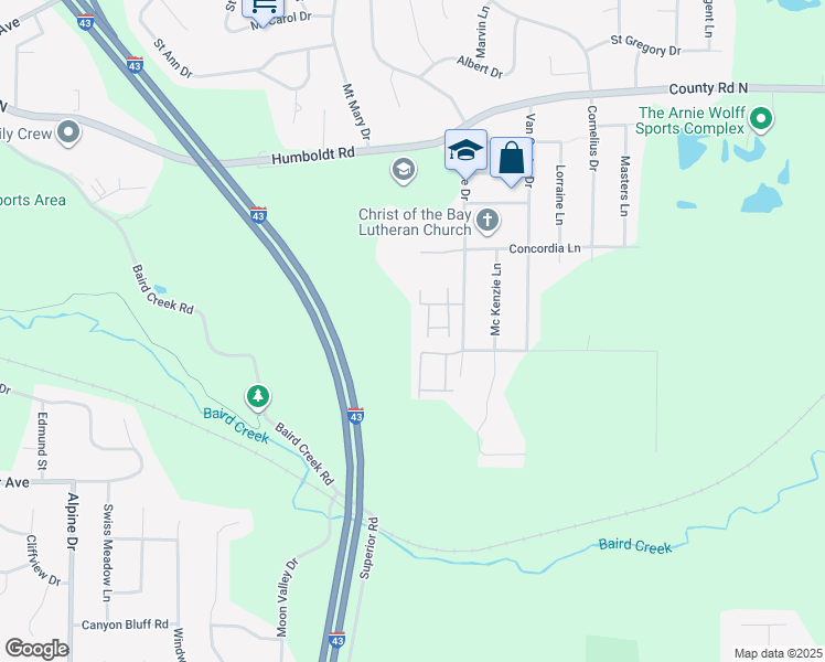 map of restaurants, bars, coffee shops, grocery stores, and more near 303 Laverne Drive in Green Bay