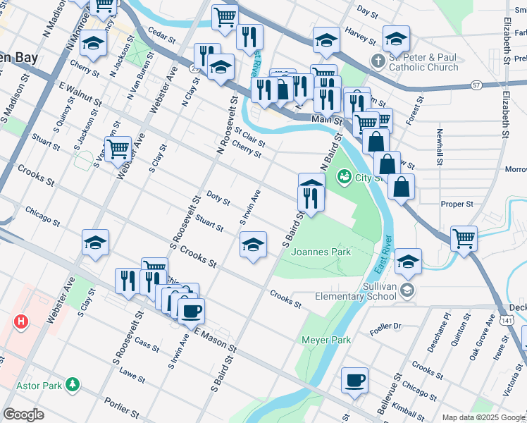 map of restaurants, bars, coffee shops, grocery stores, and more near 1327 Doty Street in Green Bay