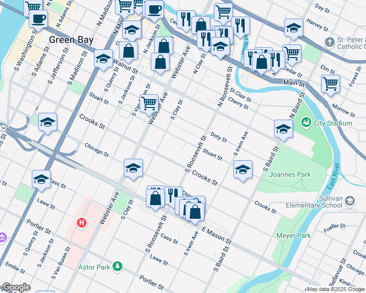 map of restaurants, bars, coffee shops, grocery stores, and more near 1152 Stuart Street in Green Bay