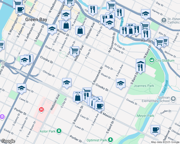 map of restaurants, bars, coffee shops, grocery stores, and more near 1152 Stuart Street in Green Bay