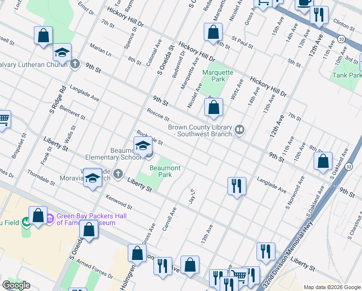 map of restaurants, bars, coffee shops, grocery stores, and more near 1062 Rockdale Street in Green Bay