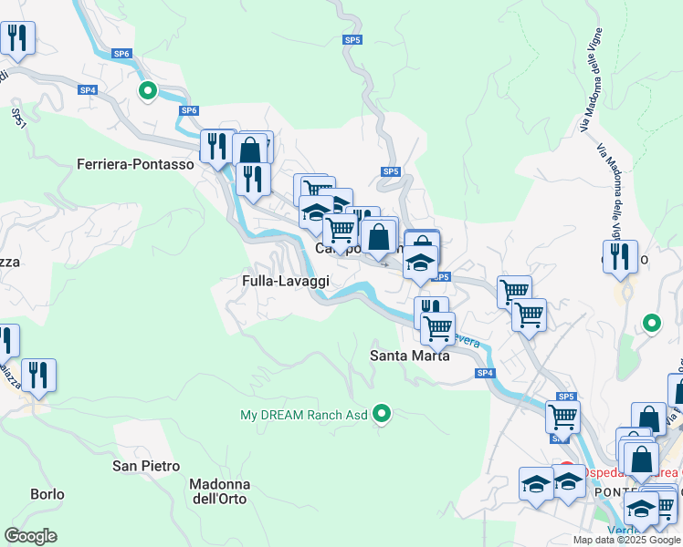 map of restaurants, bars, coffee shops, grocery stores, and more near 103r Via Martiri della Libertà in Campomorone