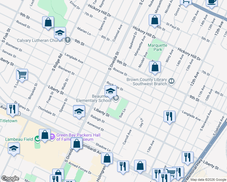 map of restaurants, bars, coffee shops, grocery stores, and more near 1118 Biemeret Street in Green Bay
