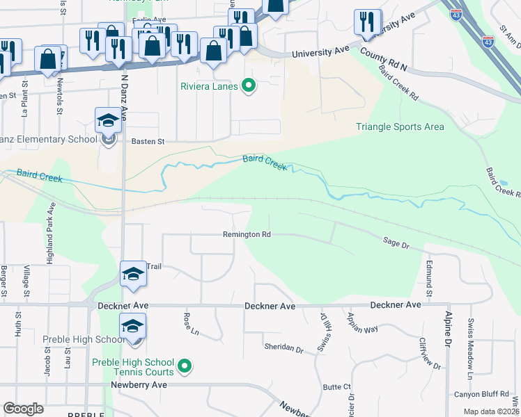 map of restaurants, bars, coffee shops, grocery stores, and more near 271 Lost Ridge Court in Green Bay