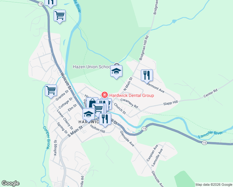 map of restaurants, bars, coffee shops, grocery stores, and more near 169 North Main Street in Hardwick