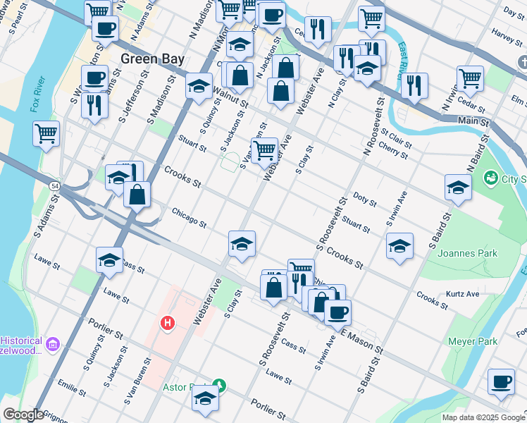 map of restaurants, bars, coffee shops, grocery stores, and more near 1015 Crooks Street in Green Bay