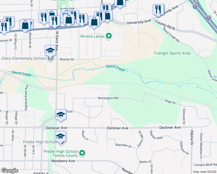 map of restaurants, bars, coffee shops, grocery stores, and more near 271 Lost Ridge Court in Green Bay
