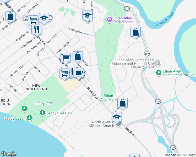 map of restaurants, bars, coffee shops, grocery stores, and more near 112 Ethan Allen Parkway in Burlington