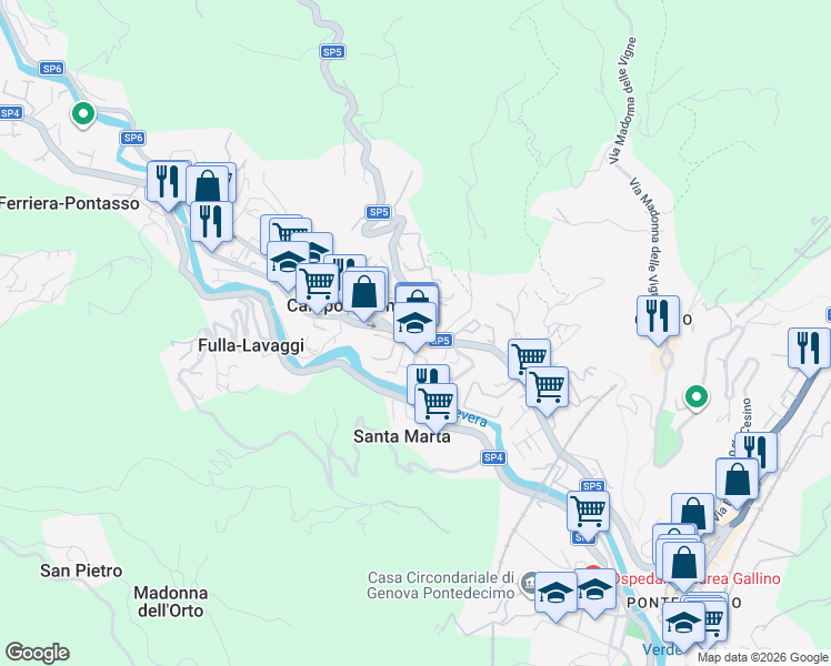 map of restaurants, bars, coffee shops, grocery stores, and more near 2 Piazza Guglielmo Marconi in Campomorone