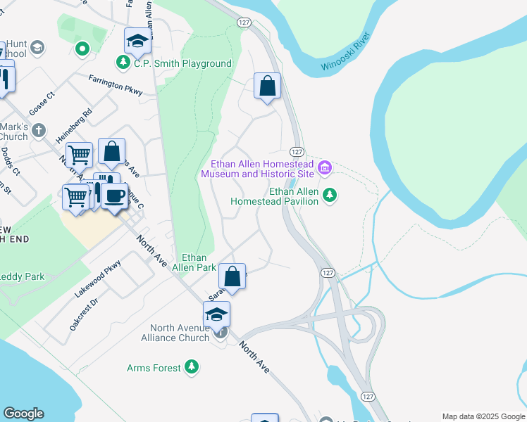 map of restaurants, bars, coffee shops, grocery stores, and more near 17 Rivermount Terrace in Burlington