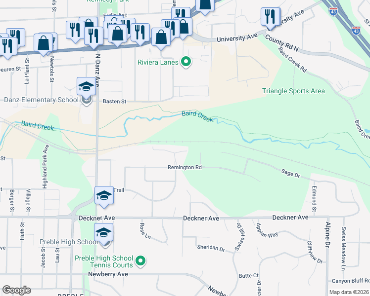 map of restaurants, bars, coffee shops, grocery stores, and more near 271 Lost Ridge Court in Green Bay