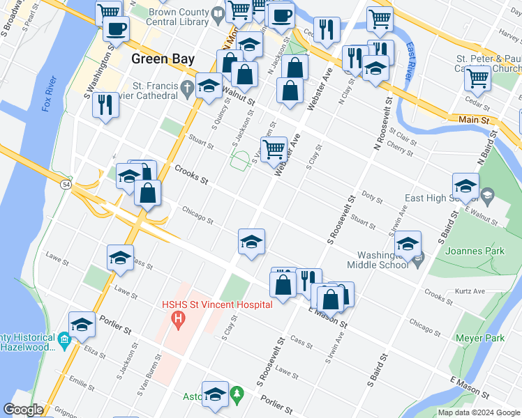 map of restaurants, bars, coffee shops, grocery stores, and more near South Webster Avenue & Crooks Street in Green Bay
