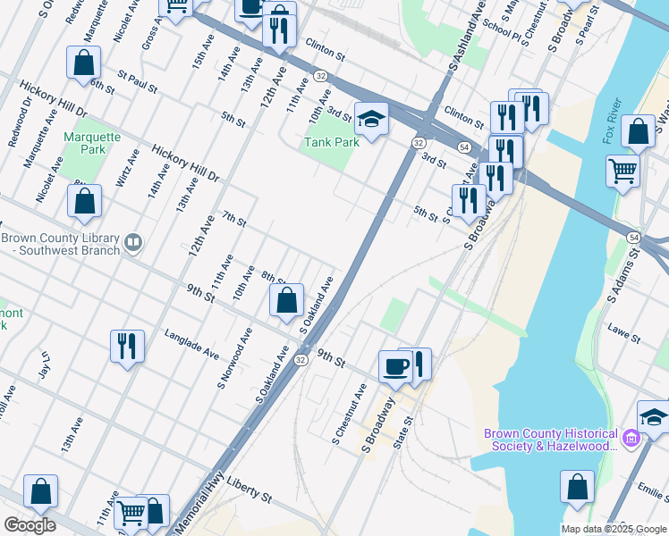 map of restaurants, bars, coffee shops, grocery stores, and more near 716 7th Street in Green Bay