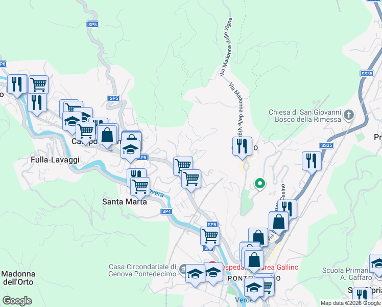 map of restaurants, bars, coffee shops, grocery stores, and more near 93i Via Campomorone in Genova