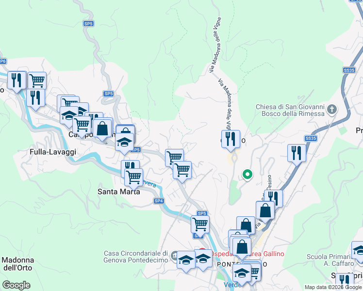 map of restaurants, bars, coffee shops, grocery stores, and more near 93i Via Campomorone in Genova