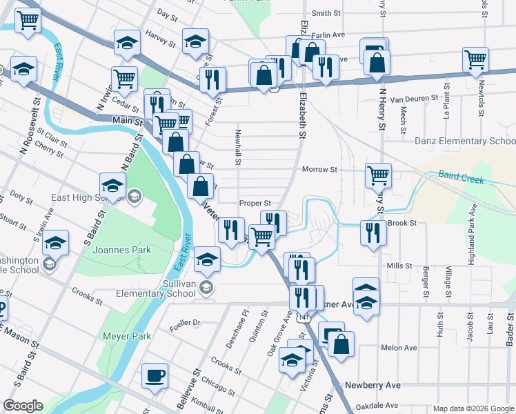 map of restaurants, bars, coffee shops, grocery stores, and more near 1572 Proper Street in Green Bay