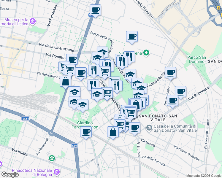 map of restaurants, bars, coffee shops, grocery stores, and more near 29 Viale della Repubblica in Bologna