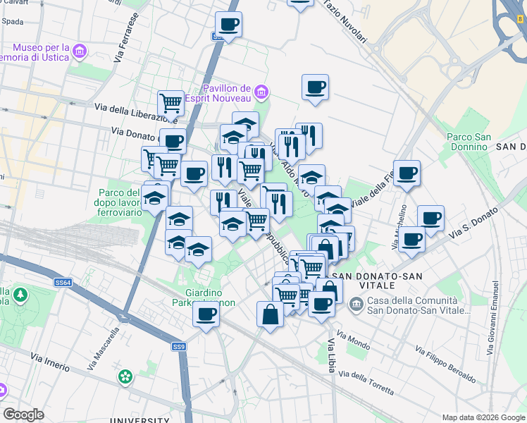 map of restaurants, bars, coffee shops, grocery stores, and more near 29 Viale della Repubblica in Bologna