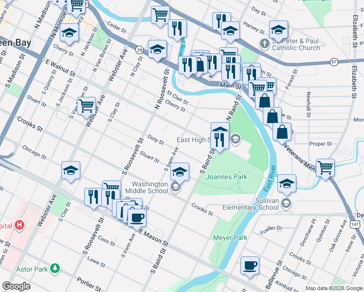 map of restaurants, bars, coffee shops, grocery stores, and more near 1327 Doty Street in Green Bay