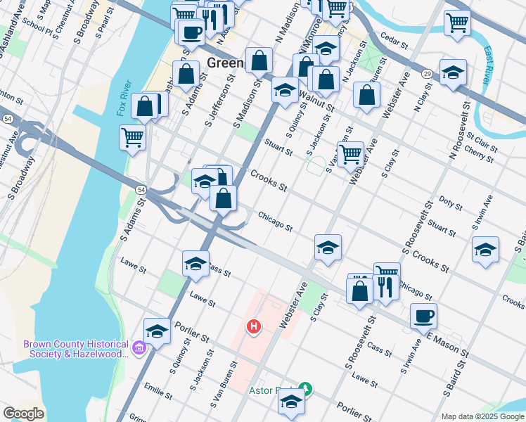map of restaurants, bars, coffee shops, grocery stores, and more near 713 Chicago Street in Green Bay