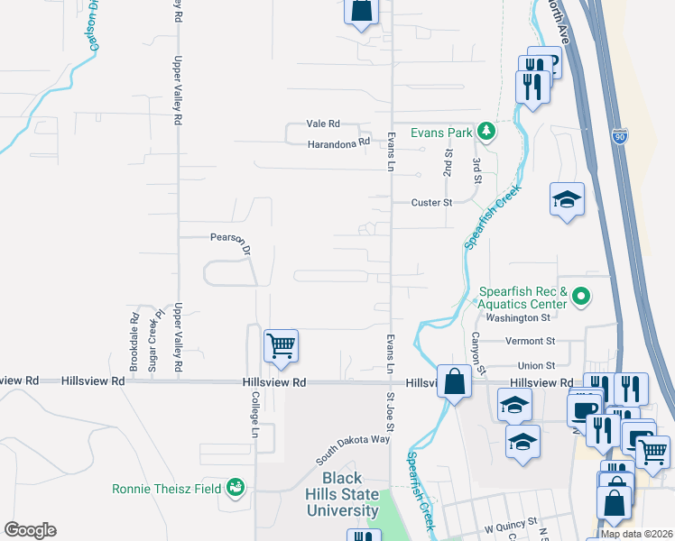 map of restaurants, bars, coffee shops, grocery stores, and more near 40 Walnut Grove Mobile Park in Spearfish
