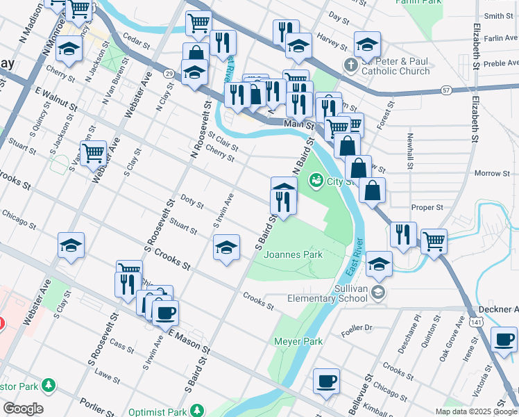 map of restaurants, bars, coffee shops, grocery stores, and more near 1354 East Walnut Street in Green Bay