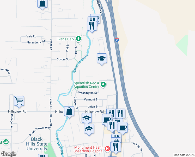 map of restaurants, bars, coffee shops, grocery stores, and more near 2305 5th Street in Spearfish