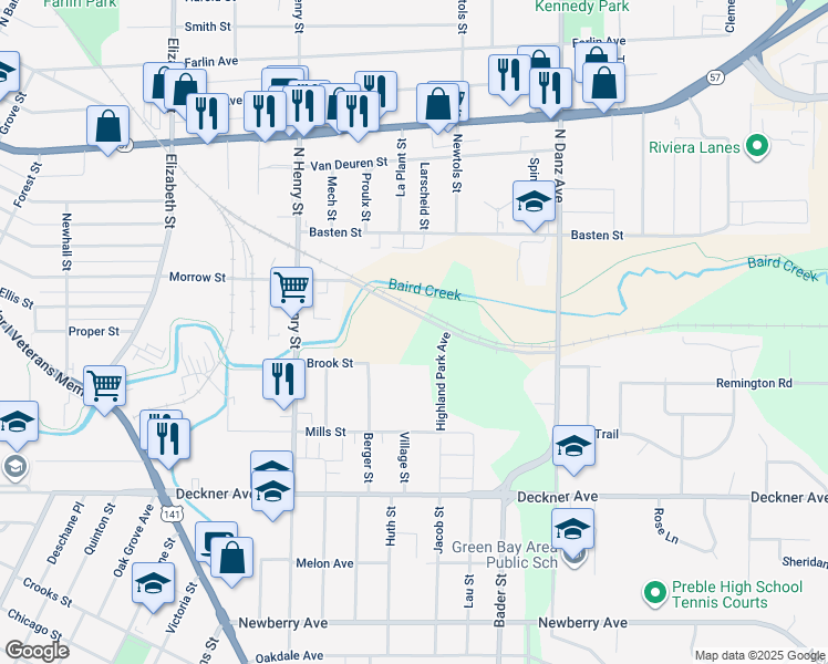map of restaurants, bars, coffee shops, grocery stores, and more near 321 Highland Park Avenue in Green Bay