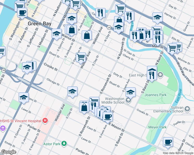 map of restaurants, bars, coffee shops, grocery stores, and more near 1152 Stuart Street in Green Bay
