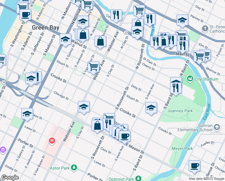 map of restaurants, bars, coffee shops, grocery stores, and more near 1152 Stuart Street in Green Bay