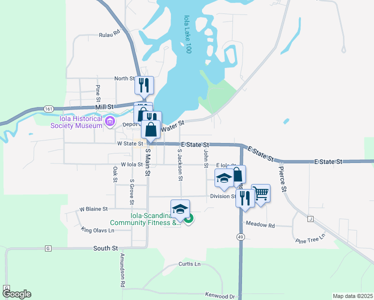 map of restaurants, bars, coffee shops, grocery stores, and more near 375 East Iola Street in Iola