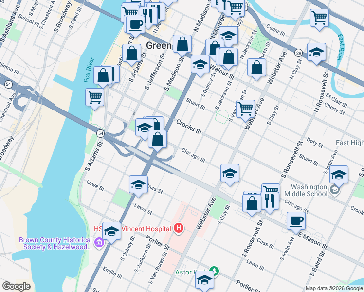 map of restaurants, bars, coffee shops, grocery stores, and more near 441 South Quincy Street in Green Bay