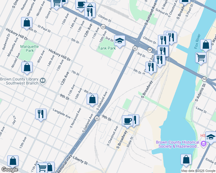 map of restaurants, bars, coffee shops, grocery stores, and more near 718 7th Street in Green Bay