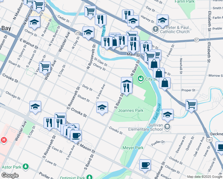 map of restaurants, bars, coffee shops, grocery stores, and more near 1327 Doty Street in Green Bay