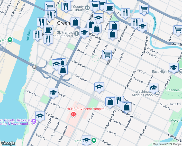map of restaurants, bars, coffee shops, grocery stores, and more near 430 South Van Buren Street in Green Bay