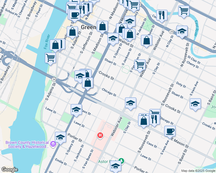 map of restaurants, bars, coffee shops, grocery stores, and more near 445 South Jackson Street in Green Bay