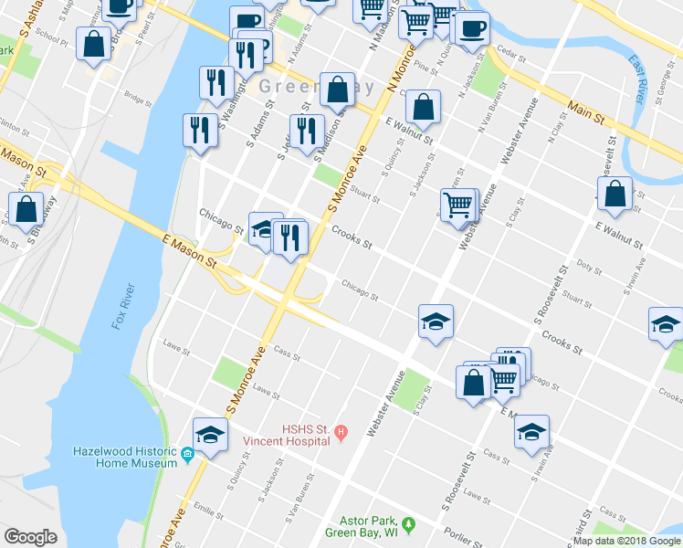 map of restaurants, bars, coffee shops, grocery stores, and more near 509 South Quincy Street in Green Bay