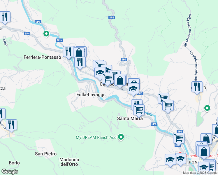 map of restaurants, bars, coffee shops, grocery stores, and more near 103r Via Martiri della Libertà in Campomorone