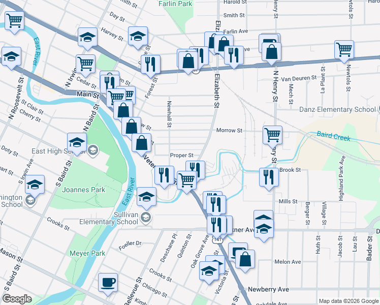 map of restaurants, bars, coffee shops, grocery stores, and more near 1572 Proper Street in Green Bay
