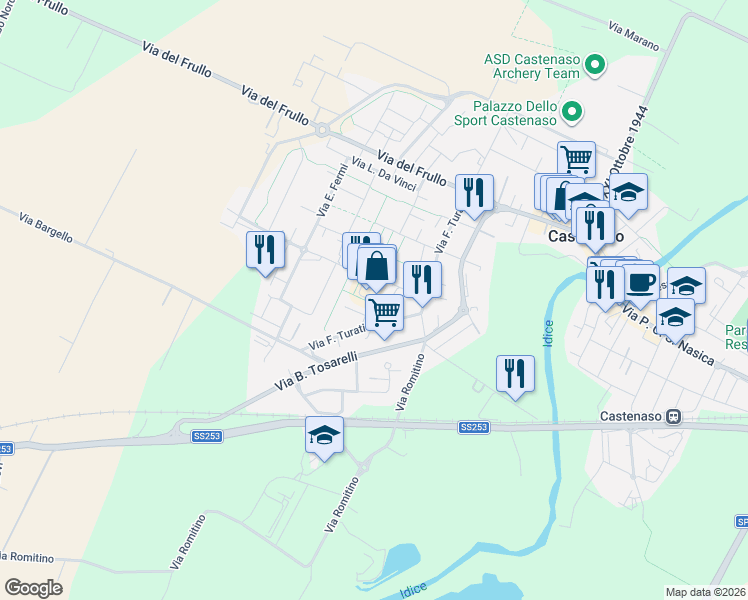 map of restaurants, bars, coffee shops, grocery stores, and more near 36 Via Filippo Turati in Castenaso