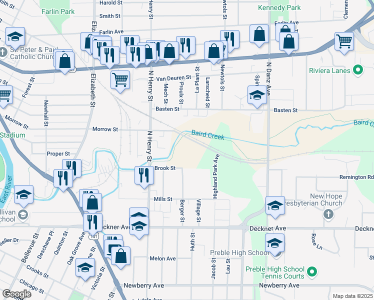 map of restaurants, bars, coffee shops, grocery stores, and more near 1900 Morrow Street in Green Bay