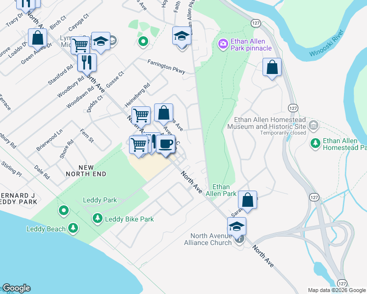 map of restaurants, bars, coffee shops, grocery stores, and more near 16 Avenue C in Burlington