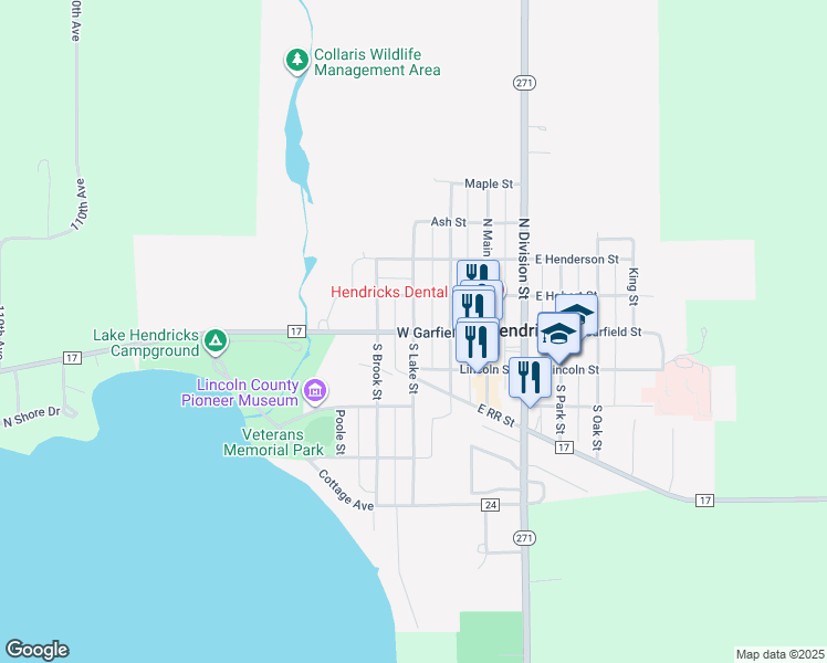 map of restaurants, bars, coffee shops, grocery stores, and more near 102 North Lake Street in Hendricks