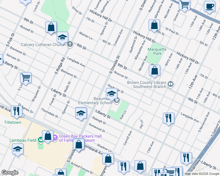 map of restaurants, bars, coffee shops, grocery stores, and more near 1118 Biemeret Street in Green Bay
