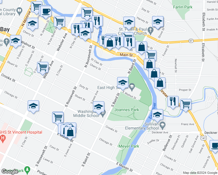 map of restaurants, bars, coffee shops, grocery stores, and more near 1330 East Walnut Street in Green Bay