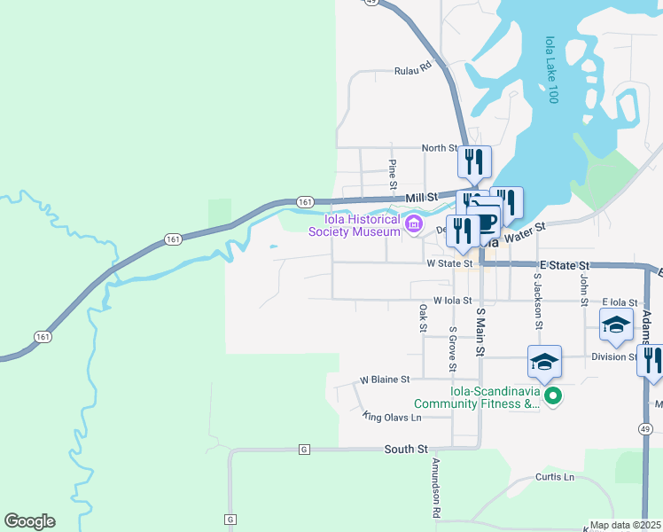 map of restaurants, bars, coffee shops, grocery stores, and more near 110 Town Line Road in Iola
