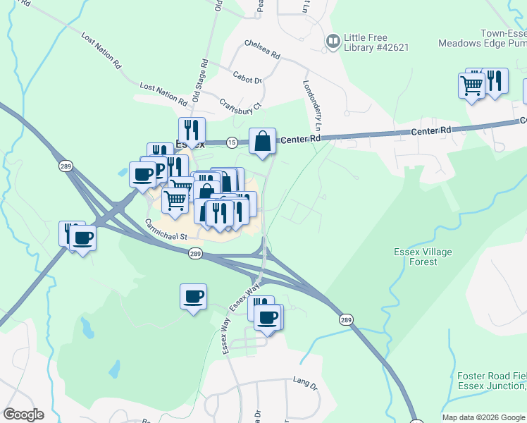 map of restaurants, bars, coffee shops, grocery stores, and more near 24 Essex Way in Essex