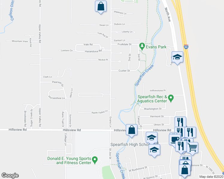 map of restaurants, bars, coffee shops, grocery stores, and more near 258 Evans Lane in Spearfish