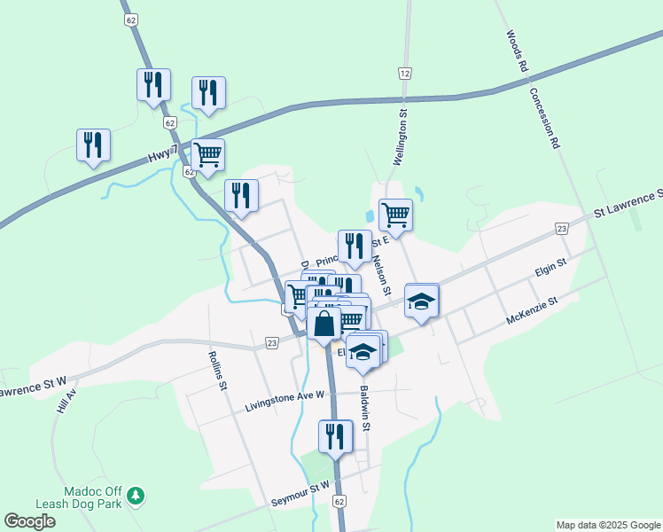 map of restaurants, bars, coffee shops, grocery stores, and more near 23 Prince Albert Street East in Madoc